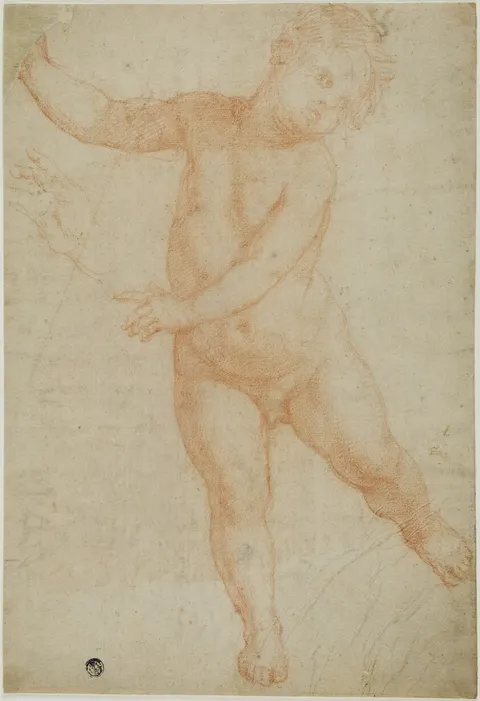 Putto Poised on Right Leg (recto); Sketch of a Draped Arm (verso)