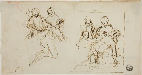 Two Composition Sketches of Collapsing Figure Supported by Two Other Figures (recto); Compositional Sketch of Kneeling Figure Accompanied by Two Other Figures